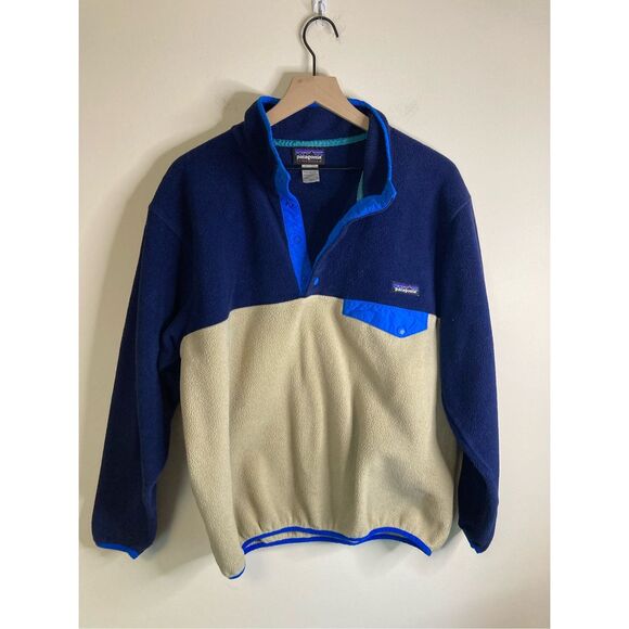 Patagonia Synchilla Mens Medium Pullover Sweatshirt Blue Taupe 1/4 Button - Picture 1 of 6